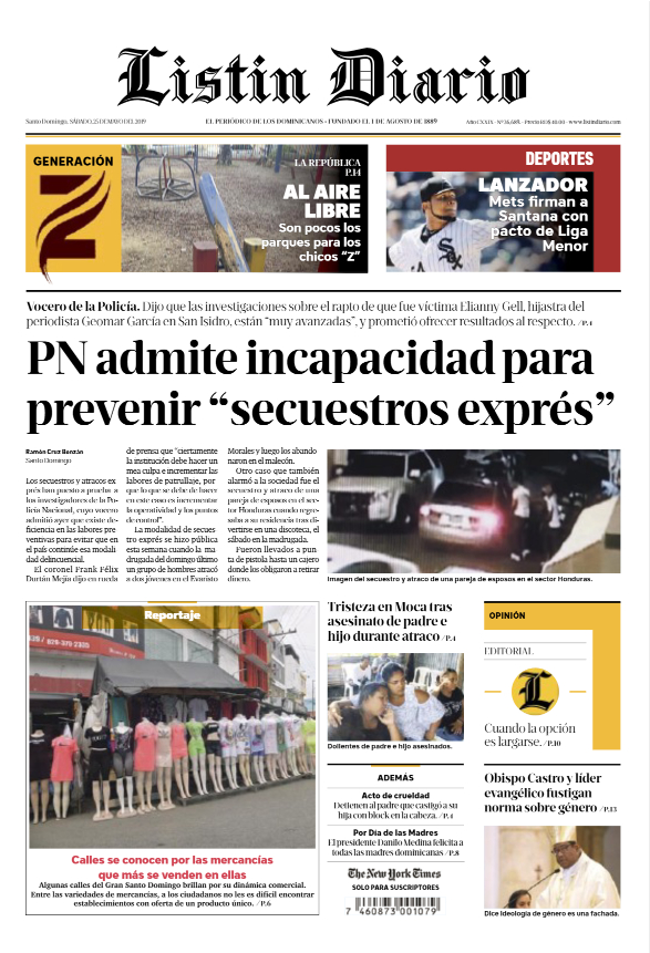 Portada Periódico Listín Diario, Sábado 25 Mayo 2019