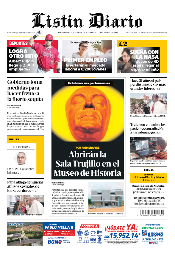 Portada Periódico Listín Diario, Viernes 10 Mayo 2019