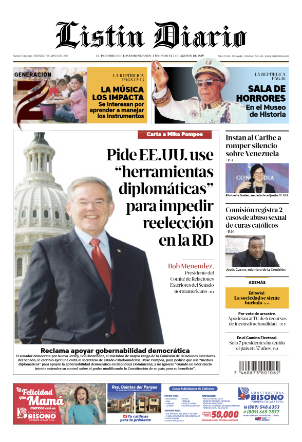 Portada Periódico Listín Diario, Viernes 17 Mayo 2019