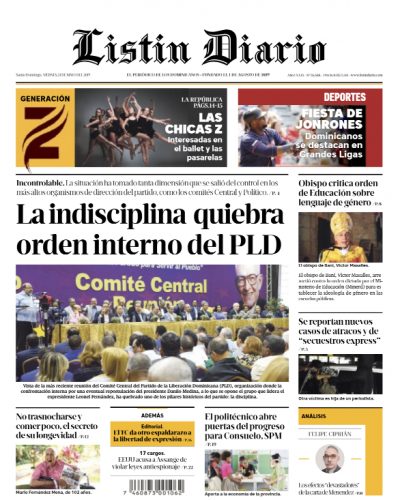Portada Periódico Listín Diario, Viernes 24 Mayo 2019