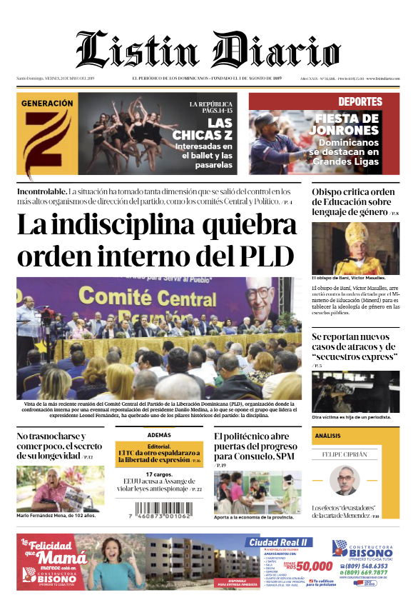 Portada Periódico Listín Diario, Viernes 24 Mayo 2019