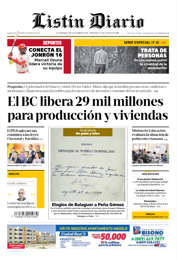Portada Periódico Listín Diario, Viernes 31 Mayo 2019