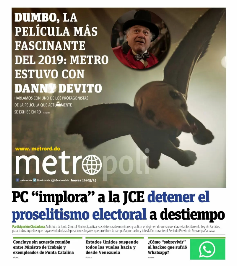 Portada Periódico Metro, Jueves 16 Mayo 2019
