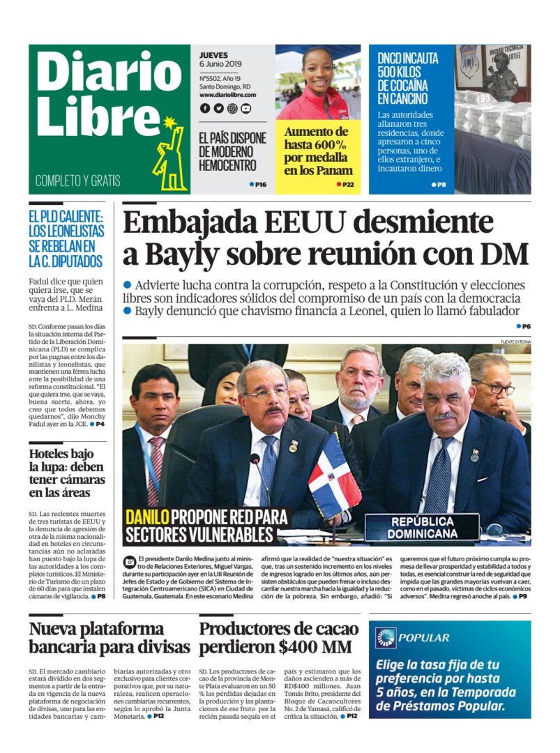 Portada Periódico Diario Libre, Jueves 06 Junio 2019