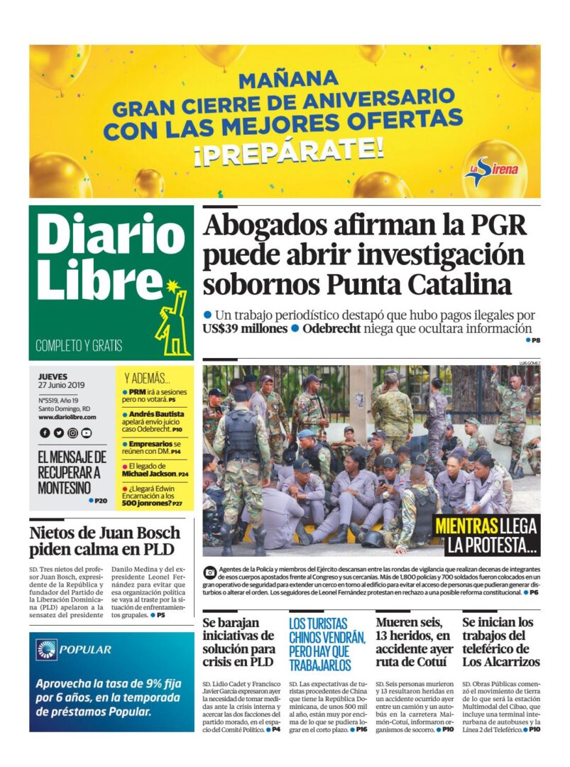 Portada Periódico Diario Libre, Jueves 27 Junio 2019