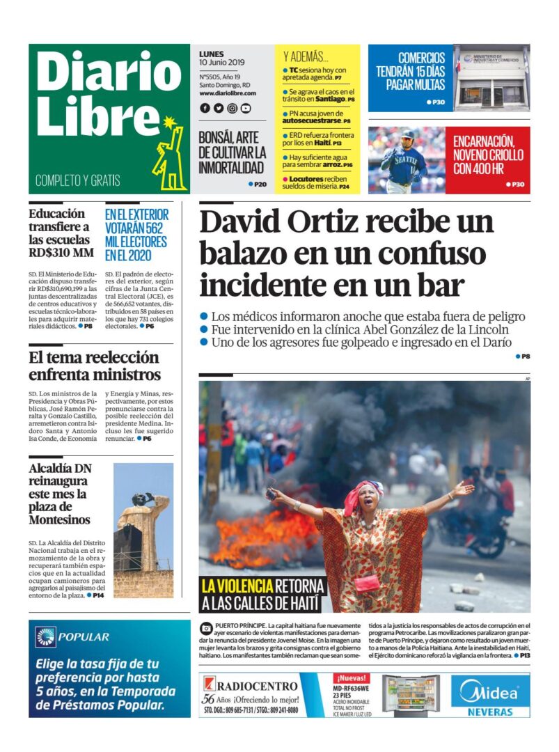 Portada Periódico Diario Libre, Lunes 10 Junio 2019