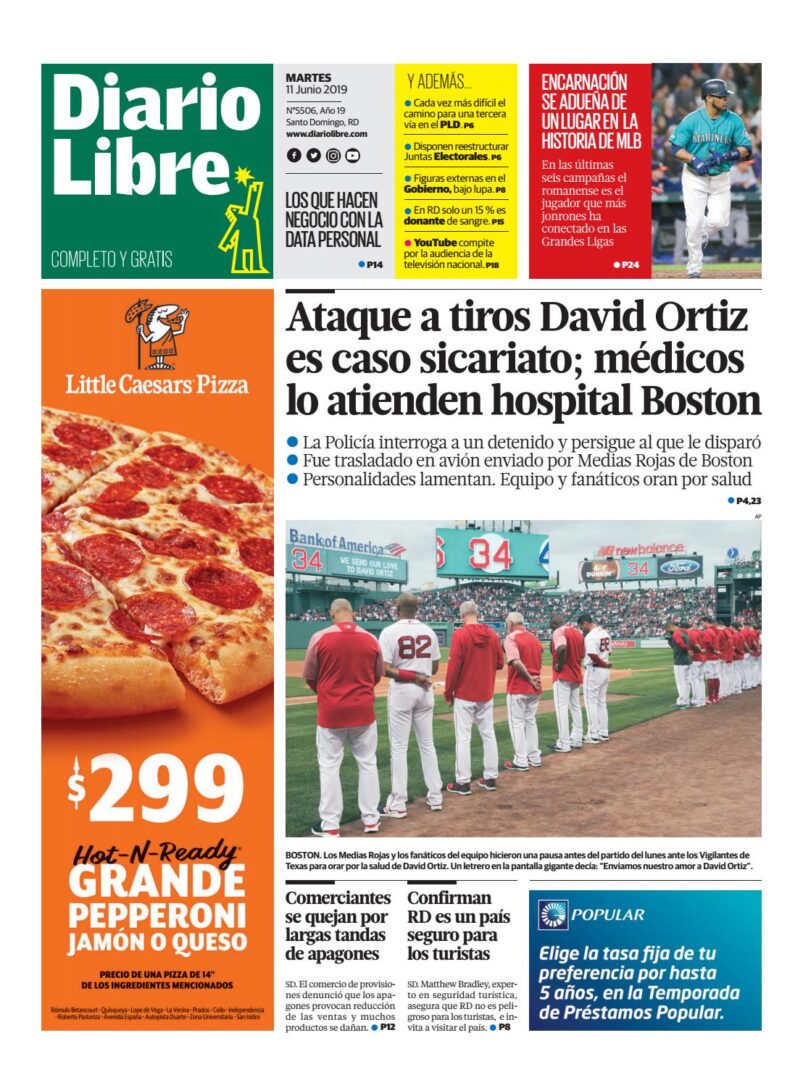 Portada Periódico Diario Libre, Martes 11 Junio 2019