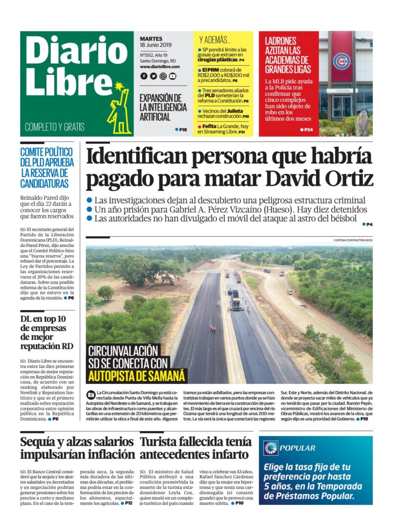 Portada Periódico Diario Libre, Martes 18 Junio 2019