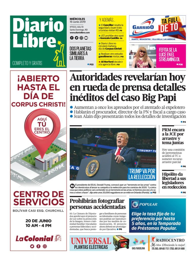 Portada Periódico Diario Libre, Miércoles 19 Junio 2019