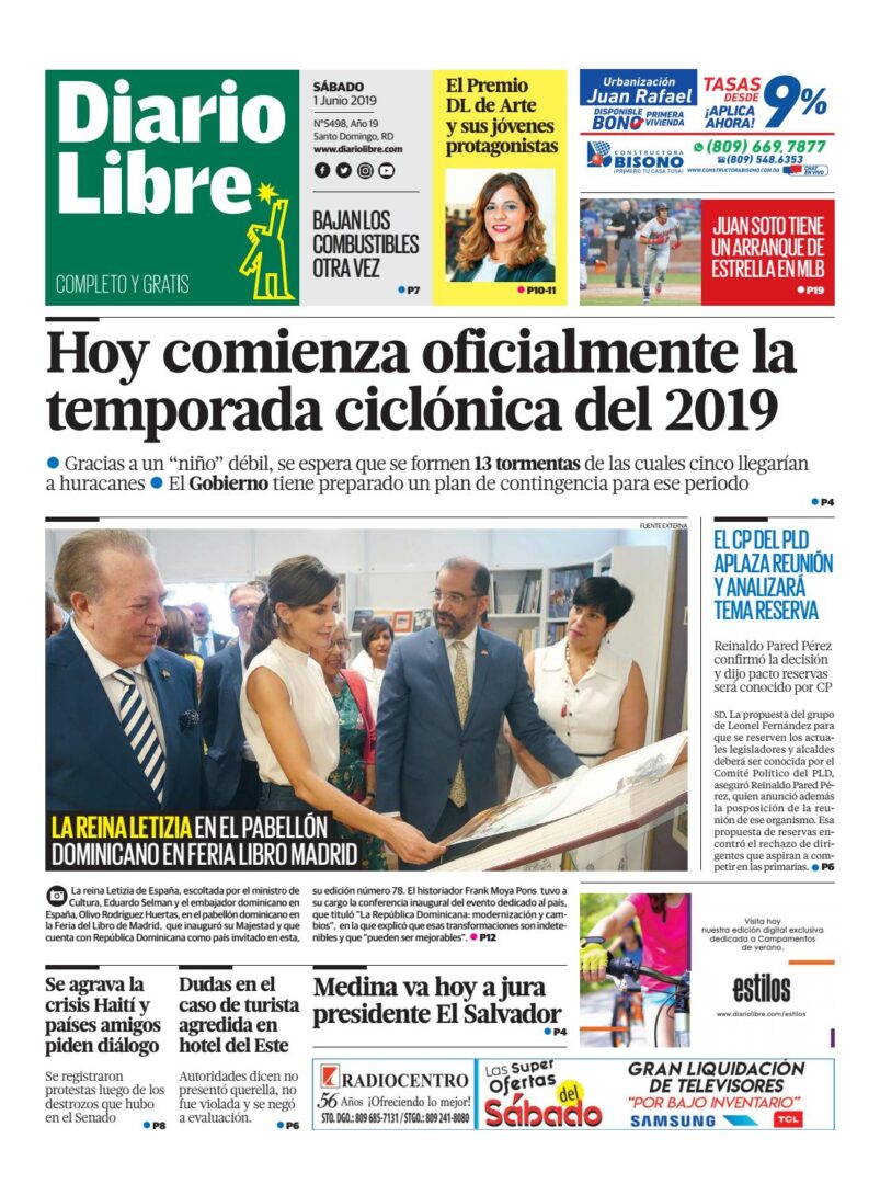 Portada Periódico Diario Libre, Sábado 01 Junio 2019