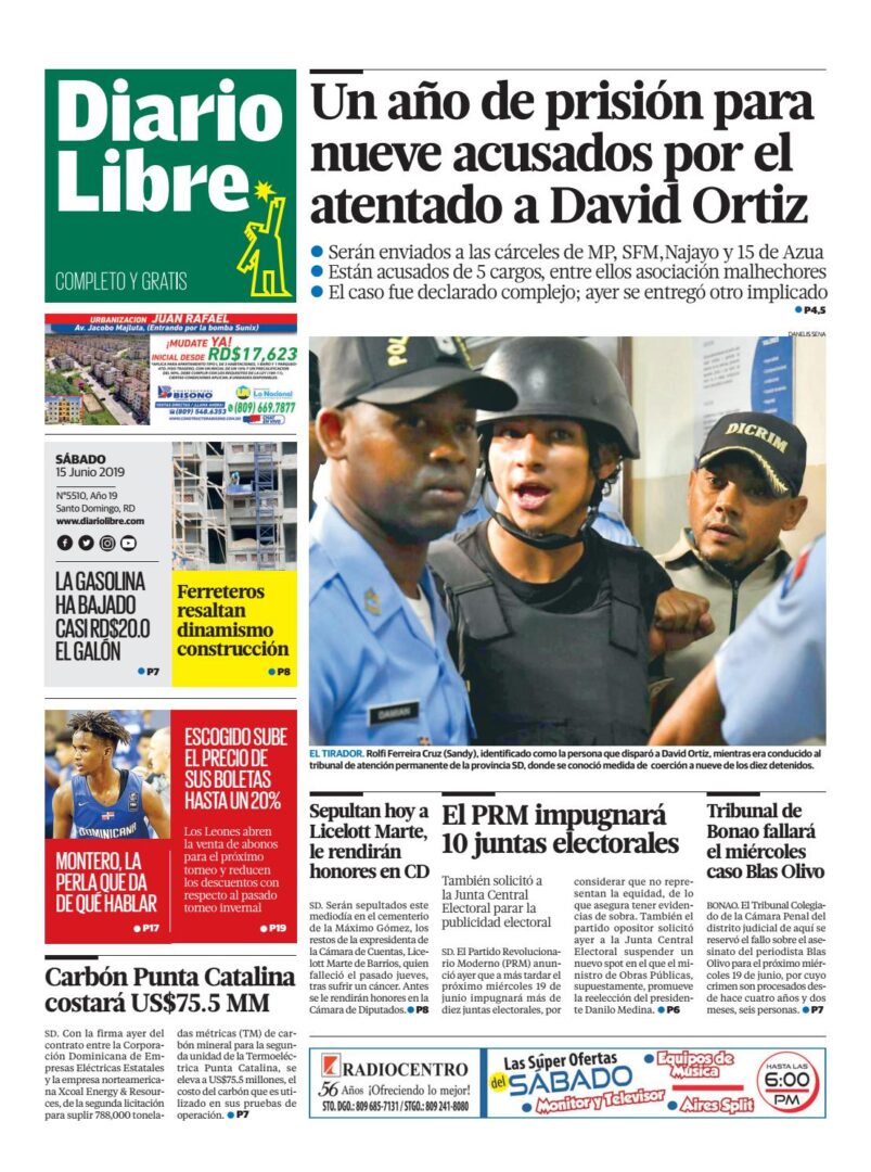 Portada Periódico Diario Libre, Sábado 15 Junio 2019