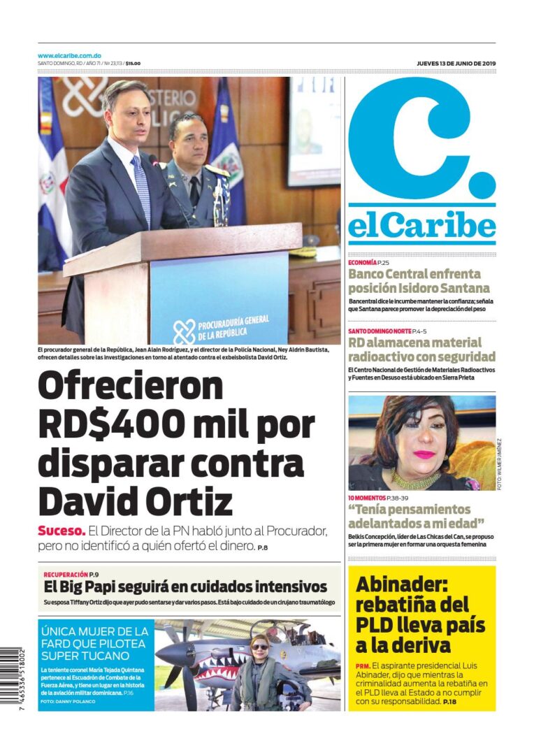 Portada Periódico El Caribe, Jueves 13 Junio 2019