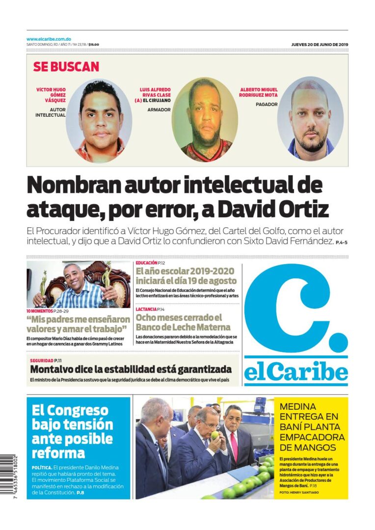 Portada Periódico El Caribe, Jueves 20 Junio 2019