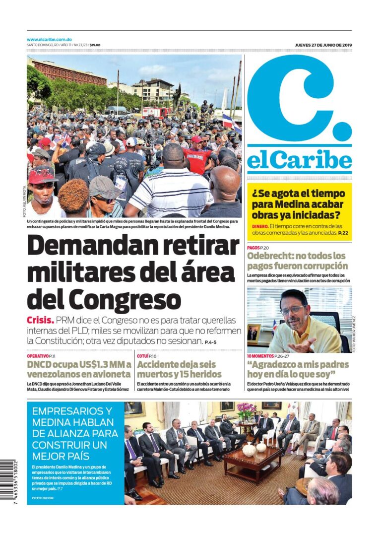 Portada Periódico El Caribe, Jueves 27 Junio 2019