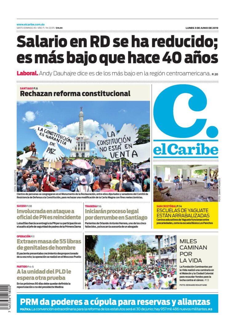 Portada Periódico El Caribe, Lunes 03 Junio 2019