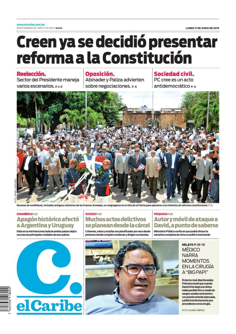 Portada Periódico El Caribe, Lunes 17 Junio 2019