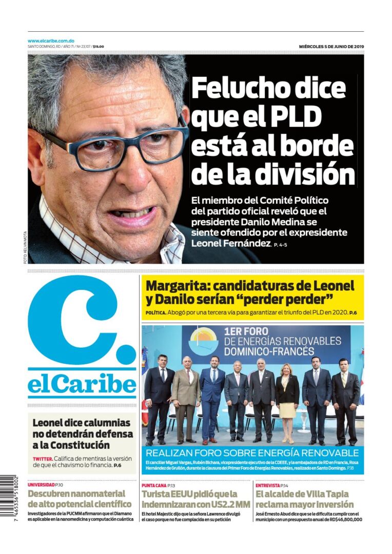 Portada Periódico El Caribe, Miércoles 05 Junio 2019
