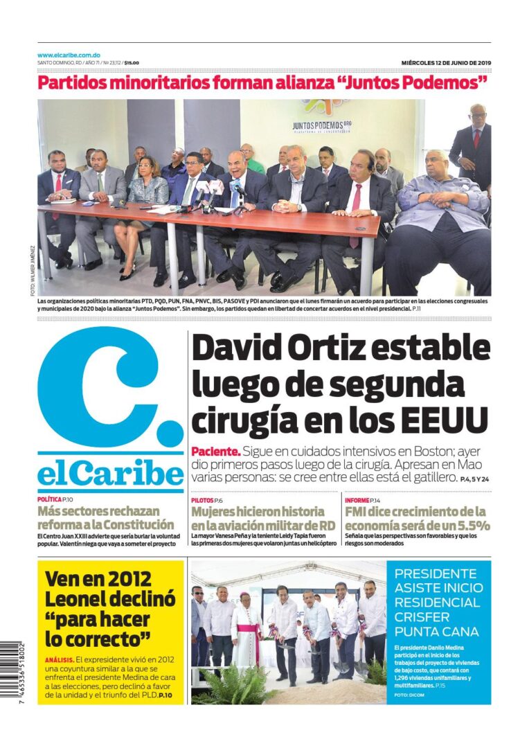 Portada Periódico El Caribe, Miércoles 12 Junio 2019