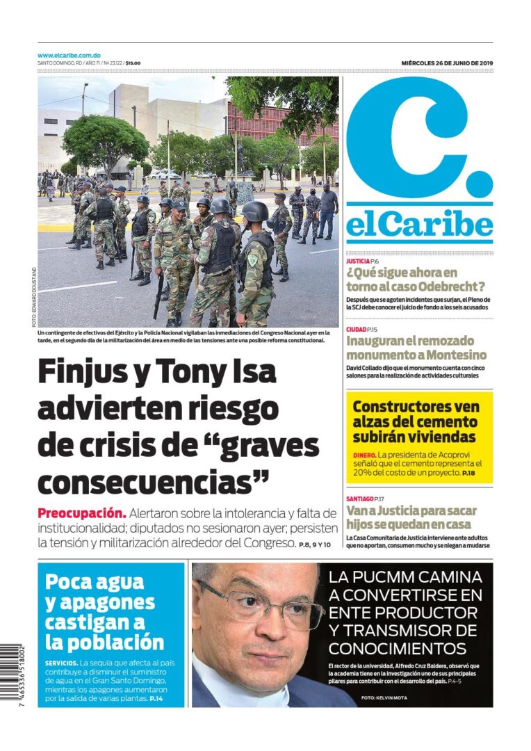 Portada Periódico El Caribe, Miércoles 26 Junio 2019