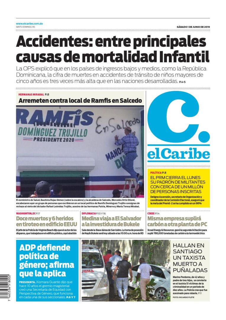 Portada Periódico El Caribe, Sábado 01 Junio 2019