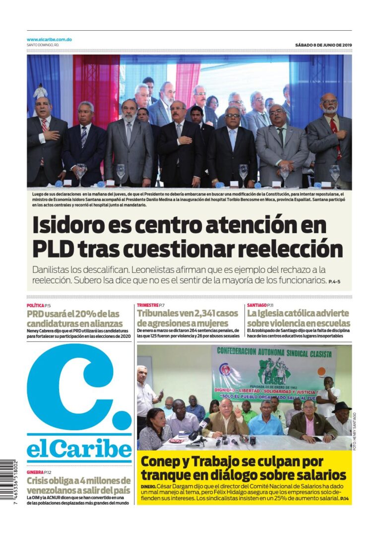 Portada Periódico El Caribe, Sábado 08 Junio 2019