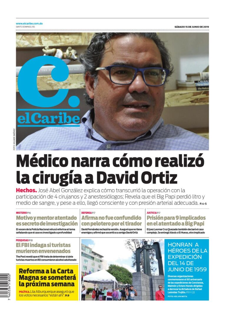 Portada Periódico El Caribe, Sábado 15 Junio 2019