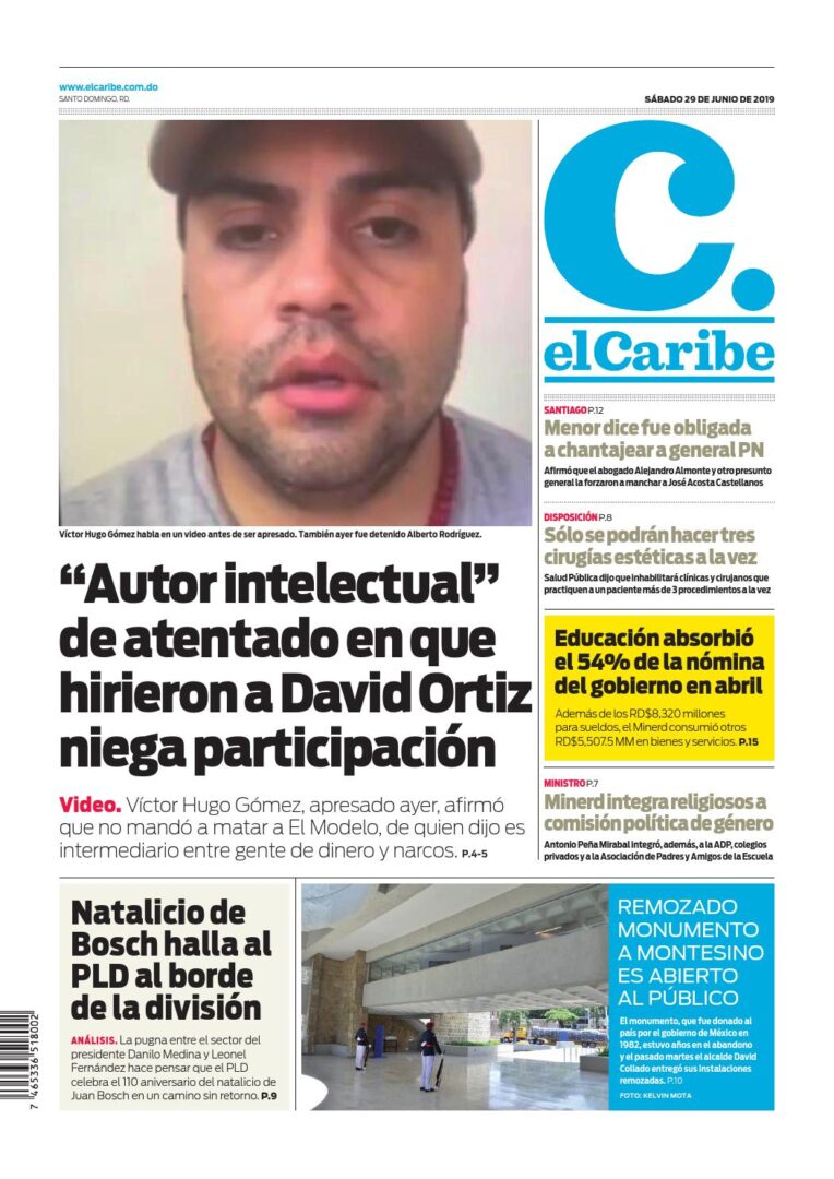 Portada Periódico El Caribe, Sábado 29 Junio 2019
