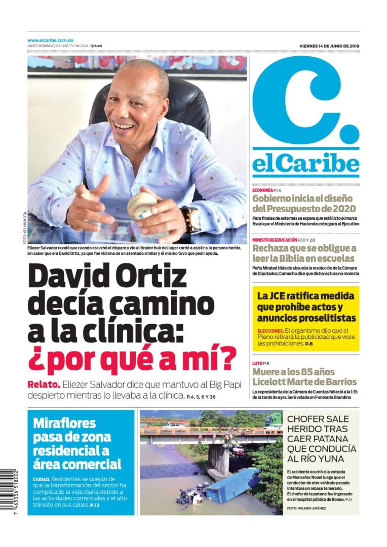 Portada Periódico El Caribe, Viernes 14 Junio 2019