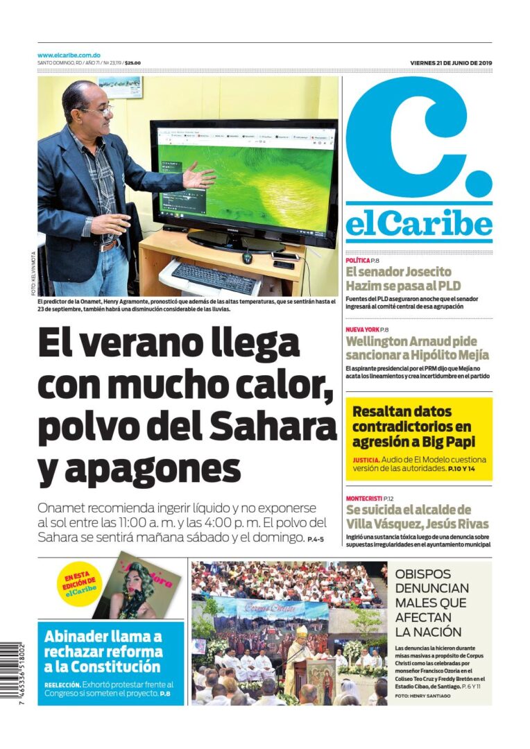 Portada Periódico El Caribe, Viernes 21 Junio 2019