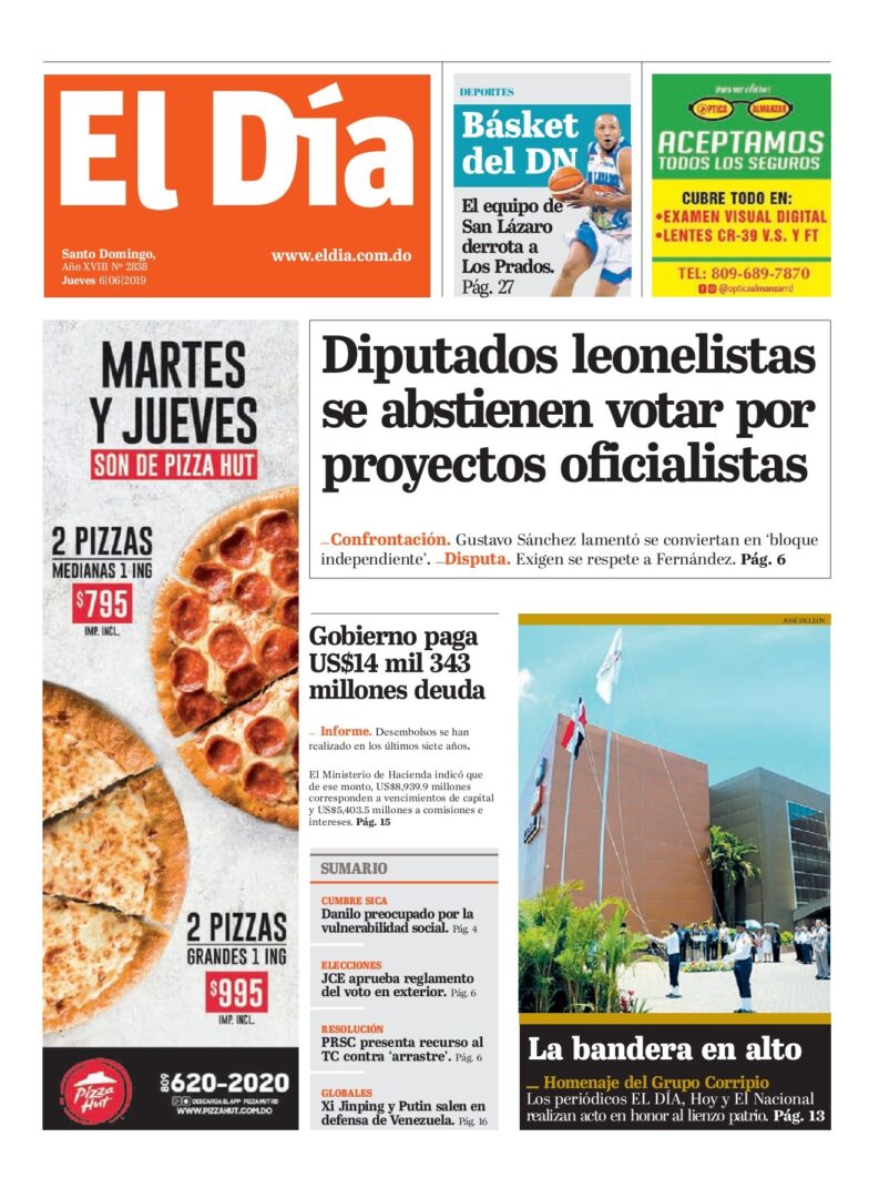 Portada Periódico El Día, Jueves 06 Junio 2019