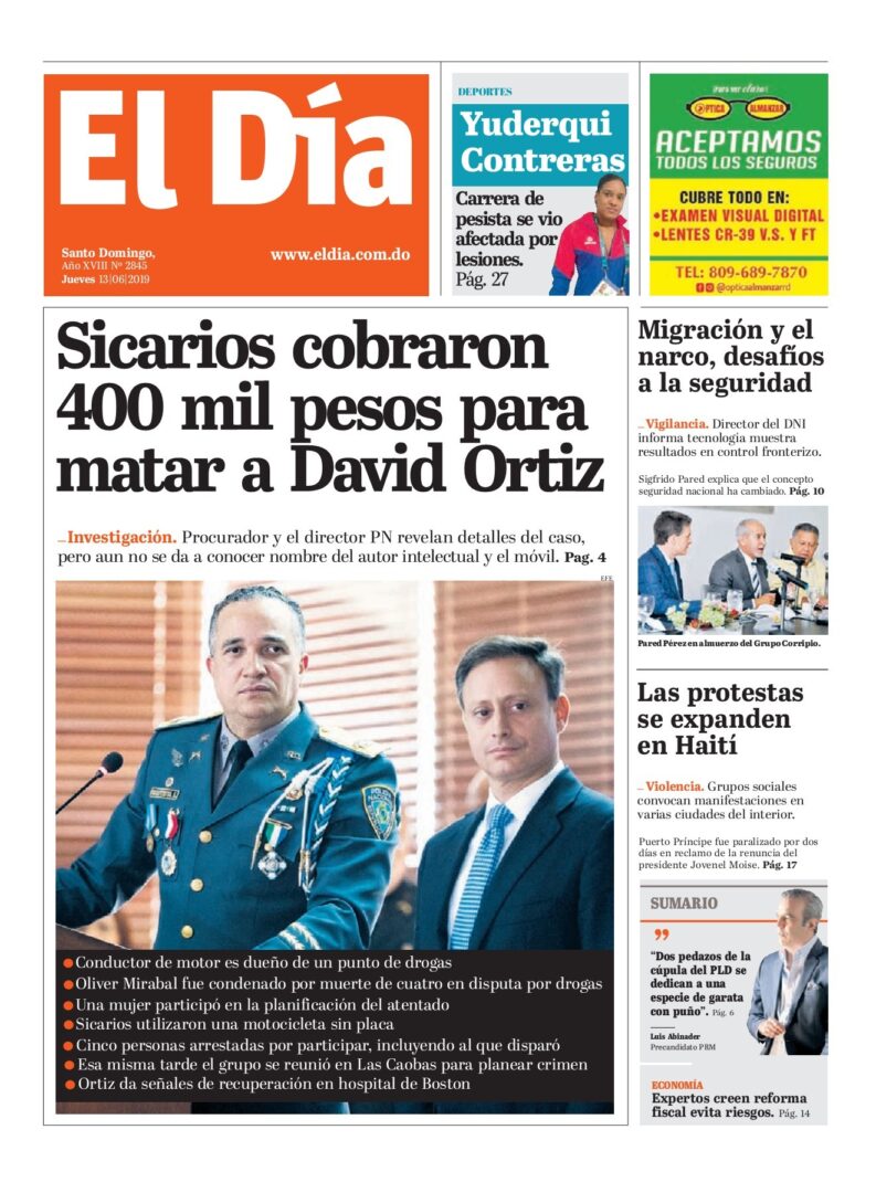 Portada Periódico El Día, Jueves 13 Junio 2019
