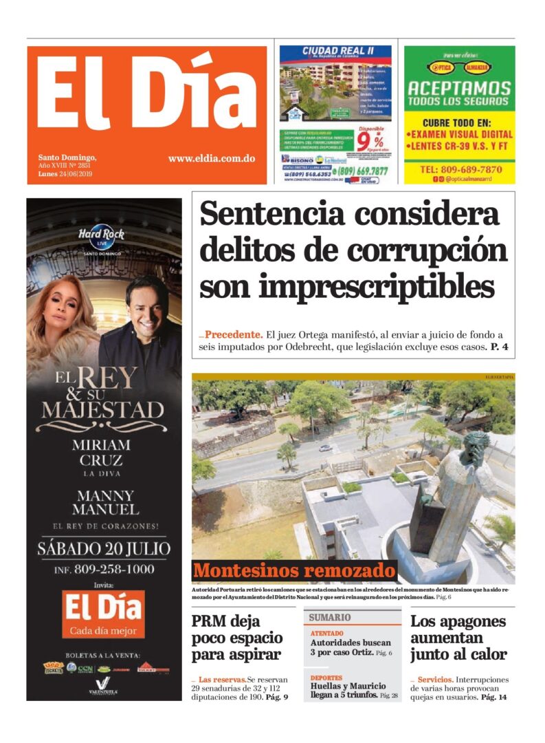 Portada Periódico El Día, Lunes 24 Junio 2019