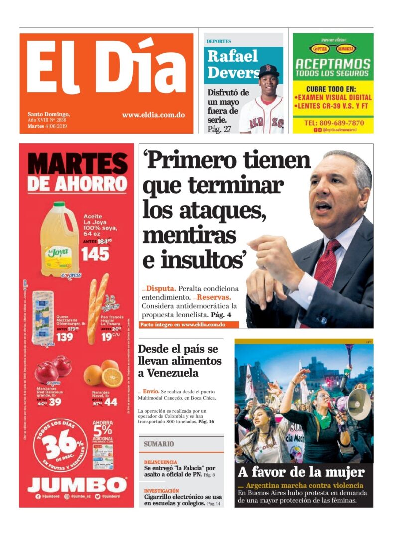 Portada Periódico El Día, Martes 04 Junio 2019