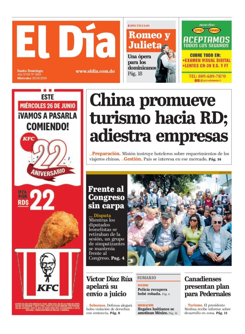 Portada Periódico El Día, Miércoles 26 Junio 2019