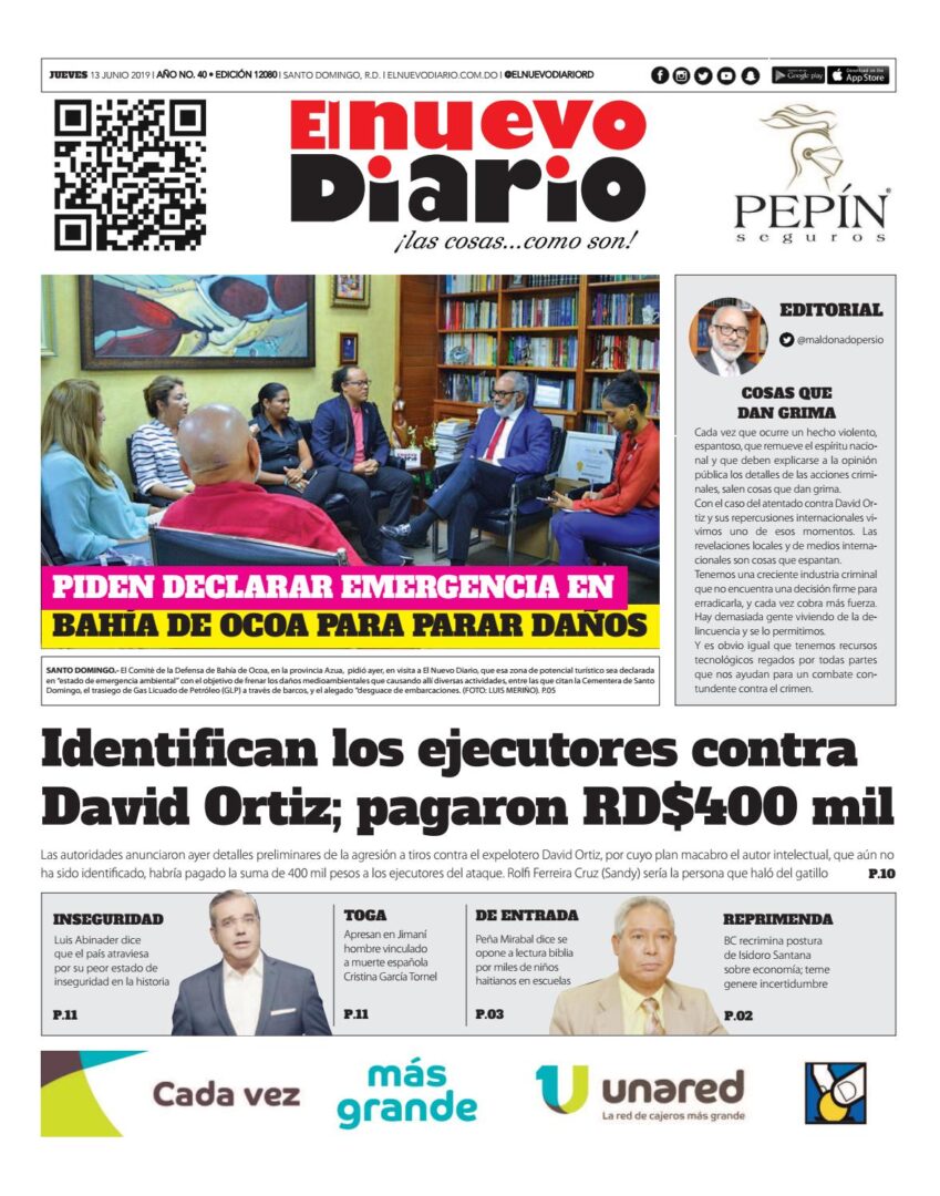 Portada Periódico El Nuevo Diario, Jueves 13 Junio 2019