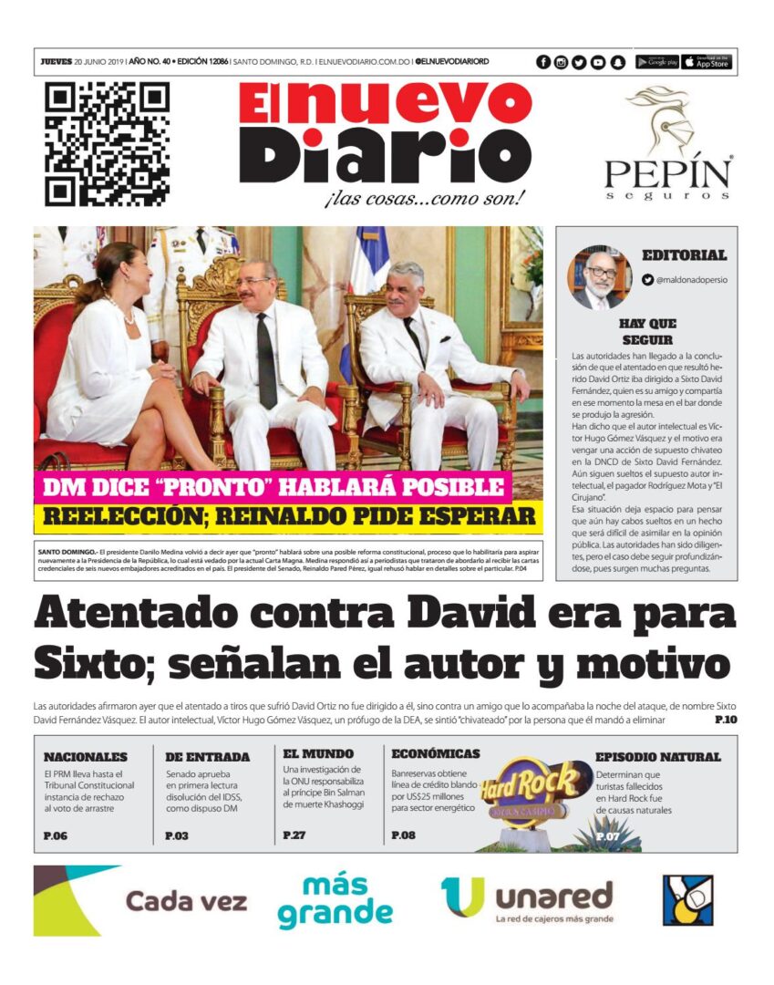 Portada Periódico El Nuevo Diario, Jueves 20 Junio 2019