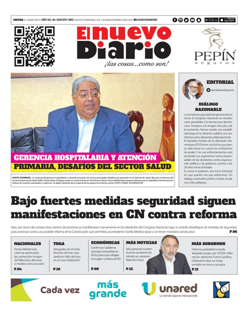 Portada Periódico El Nuevo Diario, Jueves 27 Junio 2019