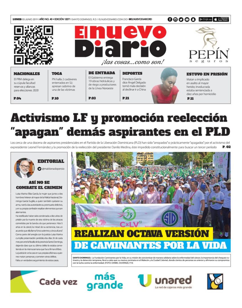 Portada Periódico El Nuevo Diario, Lunes 03 Junio 2019