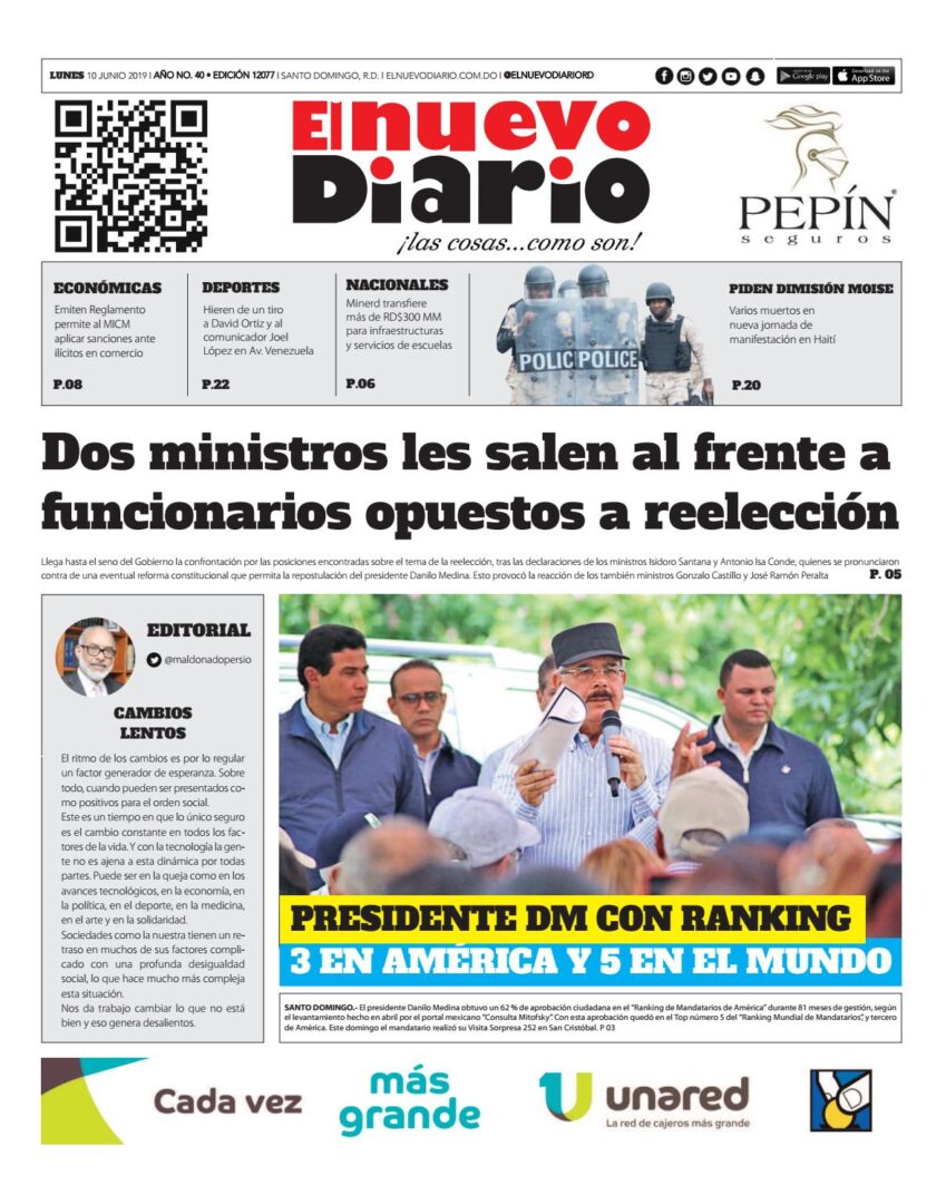 Portada Periódico El Nuevo Diario, Lunes 10 Junio 2019