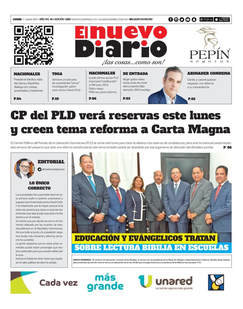 Portada Periódico El Nuevo Diario, Lunes 17 Junio 2019