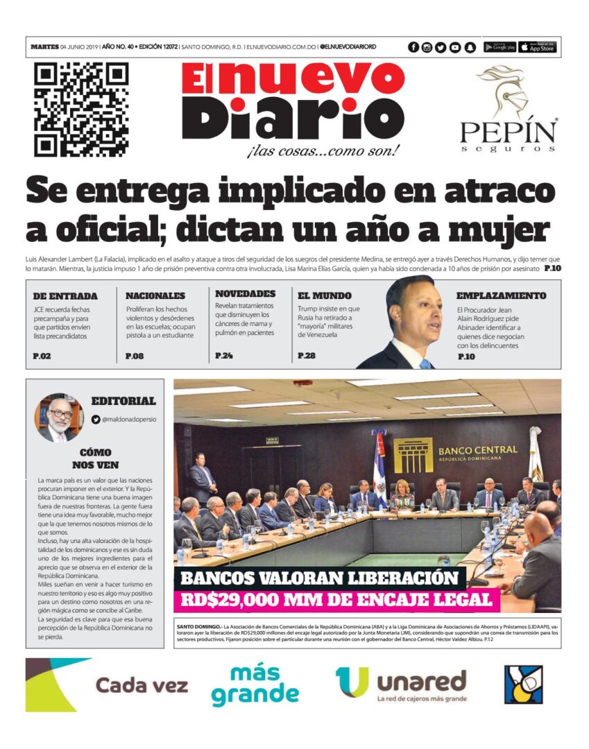 Portada Periódico El Nuevo Diario, Martes 04 Junio 2019