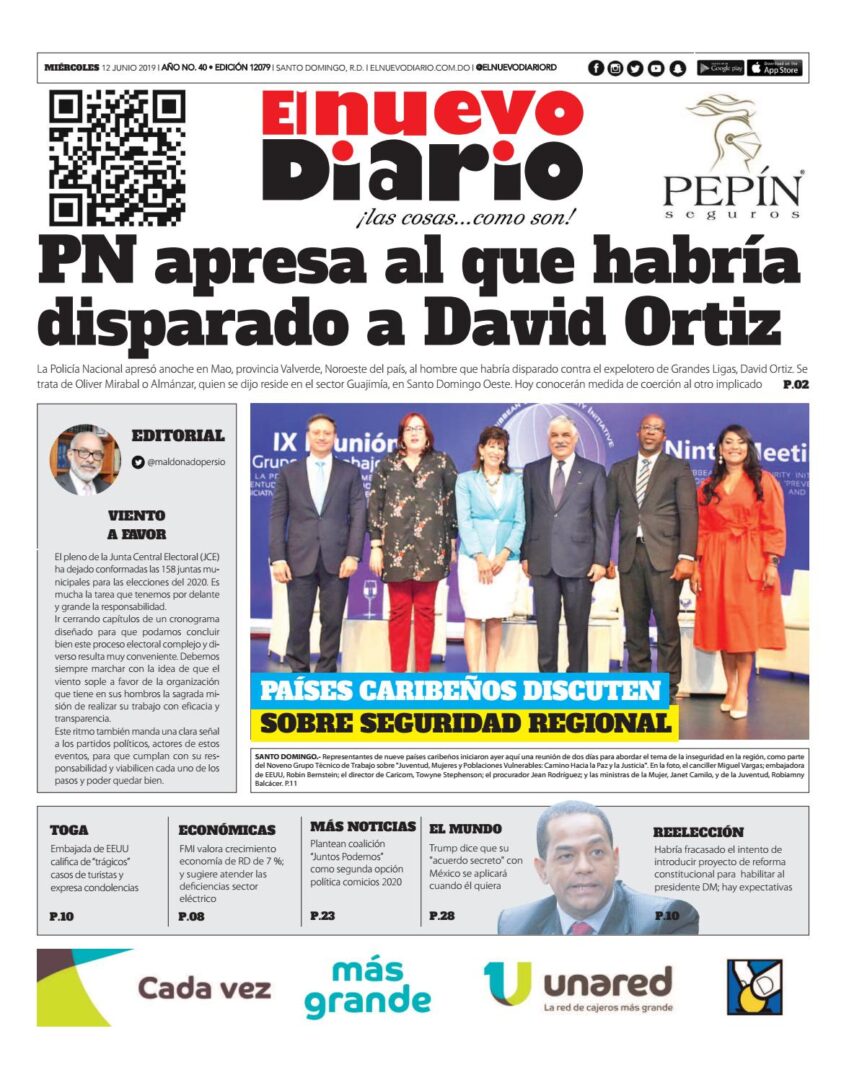 Portada Periódico El Nuevo Diario, Miércoles 12 Junio 2019