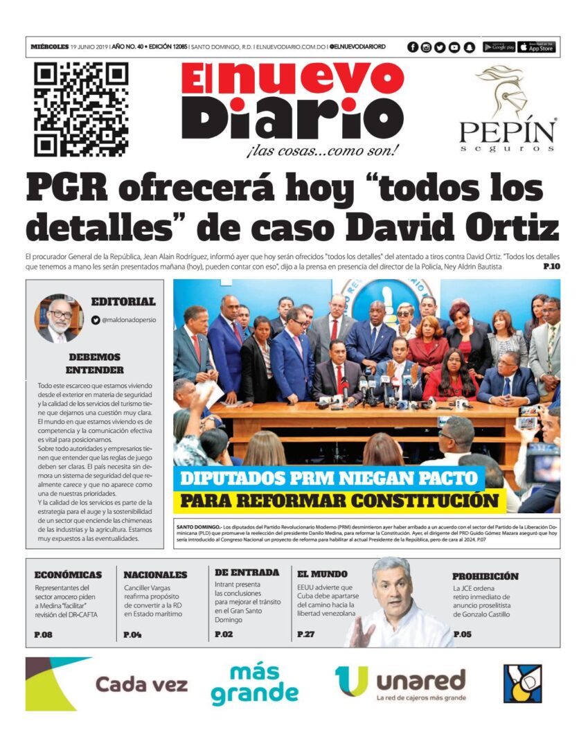 Portada Periódico El Nuevo Diario, Miércoles 19 Junio 2019