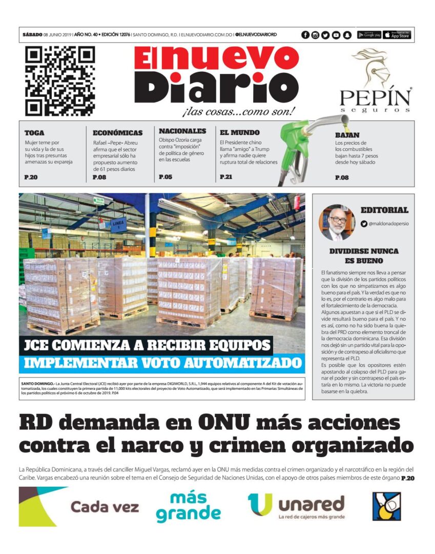 Portada Periódico El Nuevo Diario, Sábado 08 Junio 2019