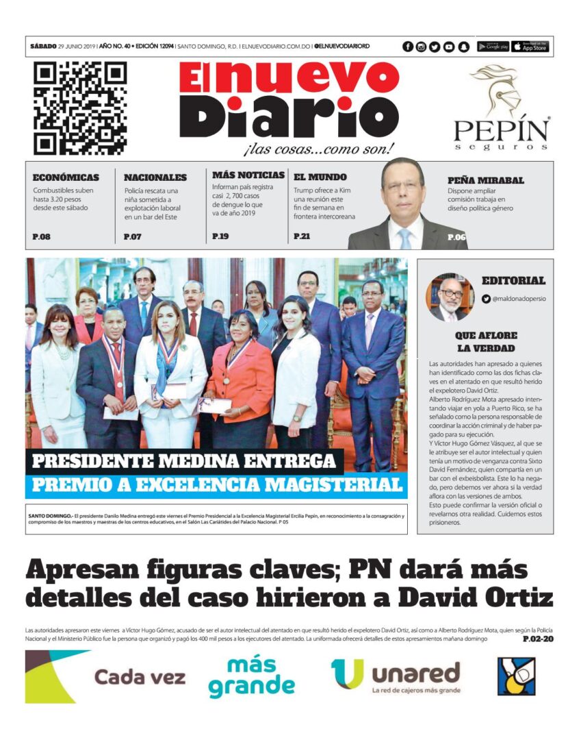 Portada Periódico El Nuevo Diario, Sábado 29 Junio 2019