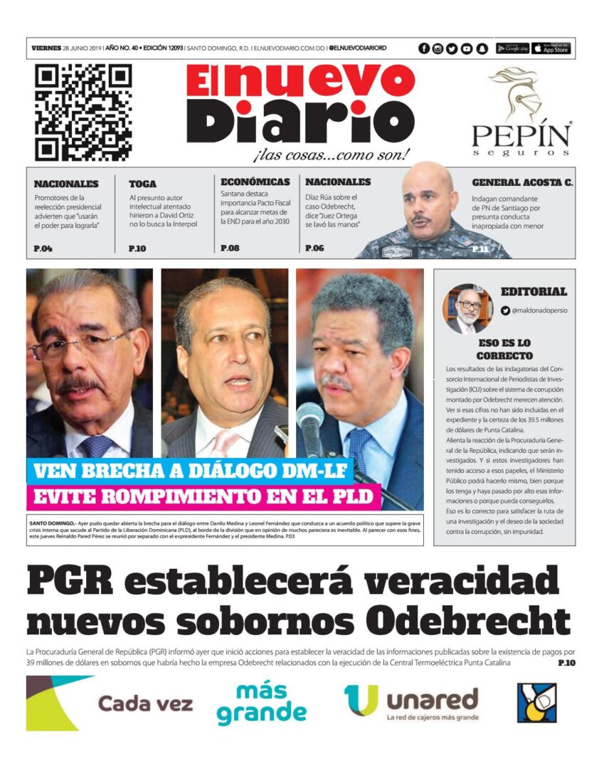 Portada Periódico El Nuevo Diario, Viernes 28 Junio 2019
