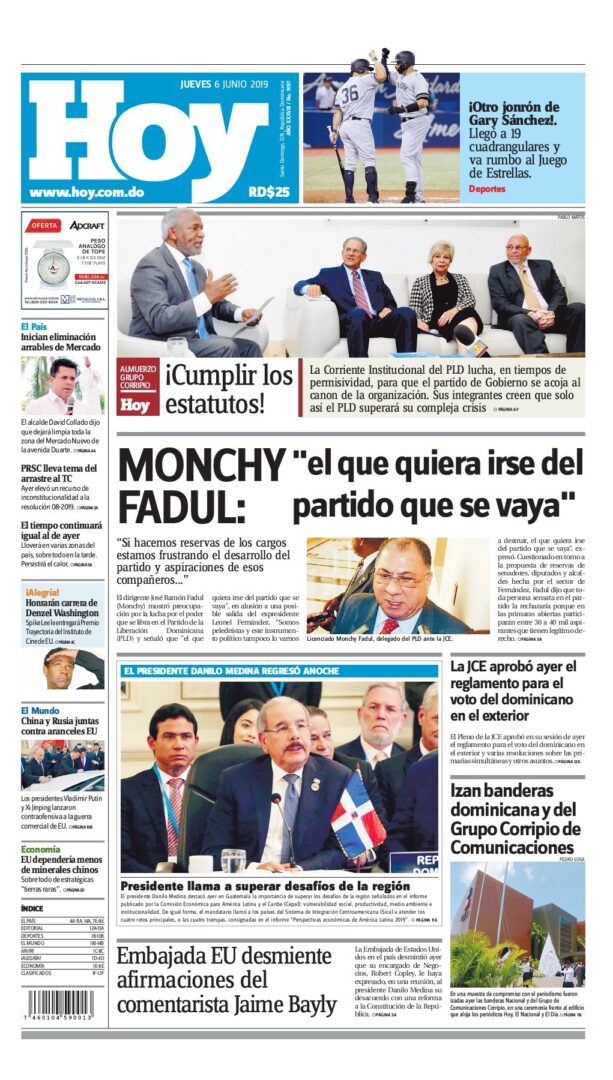 Portada Periódico Hoy, Jueves 06 Junio 2019