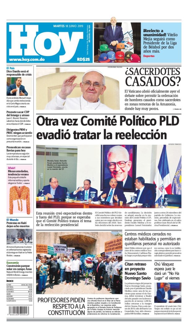 Portada Periódico Hoy, Martes 18 Junio 2019
