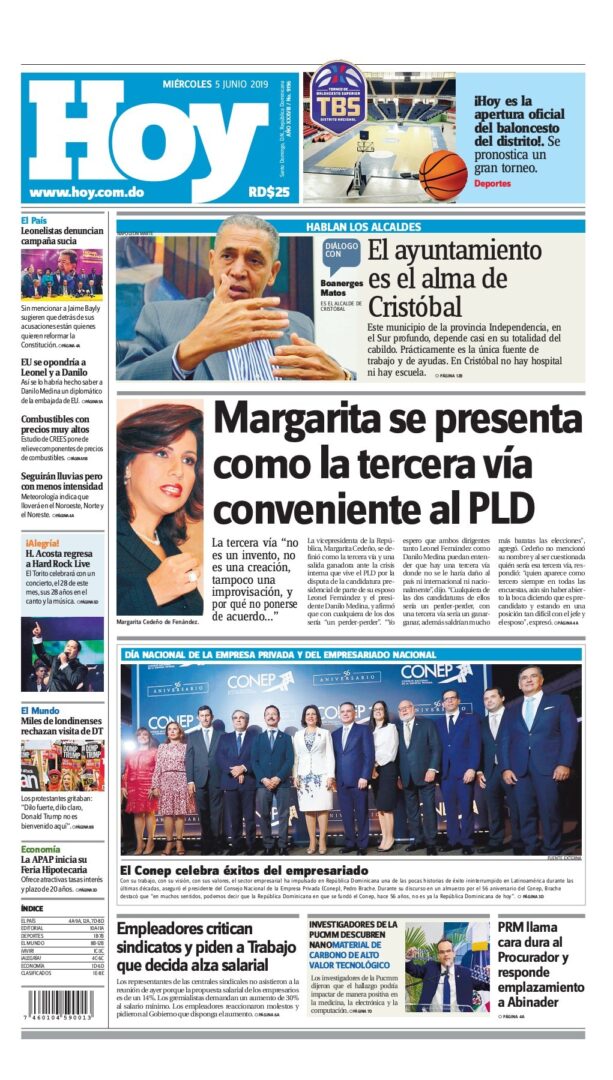 Portada Periódico Hoy, Miércoles 05 Junio 2019