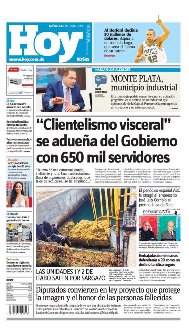 Portada Periódico Hoy, Miércoles 19 Junio 2019